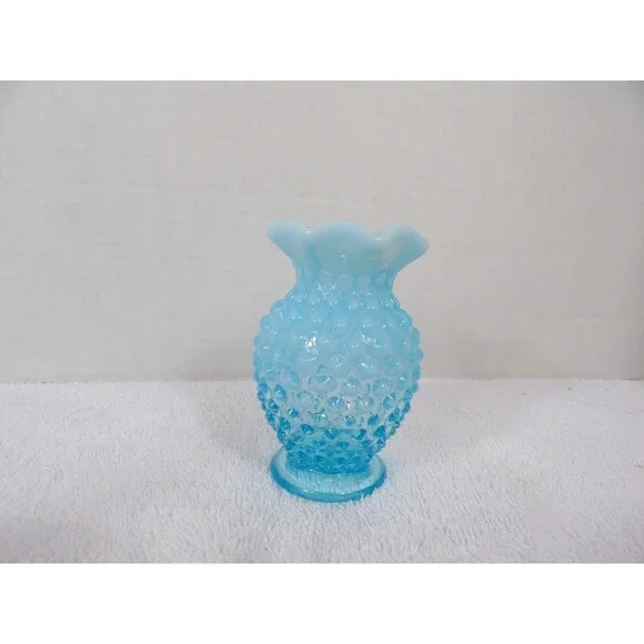 Fenton Vase Hobnail Aqua Blue Opalescent Glass Bud Small 3.5” Ruffle Edge Set 2 - Picture 4 of 16